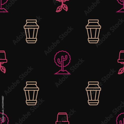 Set line Plant in pot  Garden light lamp and Tree on seamless pattern. Vector