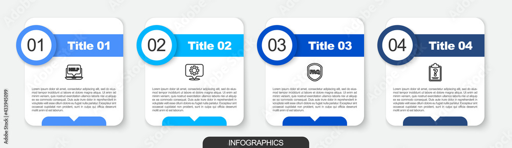 Set line Laptop and help, Location with gear, Shield text FAQ and Clipboard question marks. Business infographic template. Vector Set line Laptop and help, Location with gear, Shield text FAQ and Clipboard question marks. Business infographic template. Vector