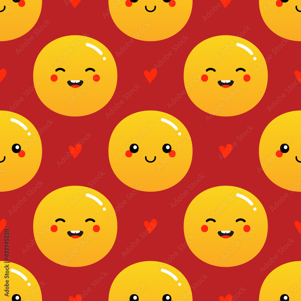 Obraz premium Cute and smiling cartoon style yellow smiling ball characters, emoji and red hearts vector seamless pattern background. 