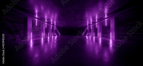 Neon Warehouse Sci Fi Futuristic Laser Purple Glowing Vibrant Electric Concrete Cement Underground Showroom Tunnel Corridor Parking Grunge Asphalt 3D Rendering