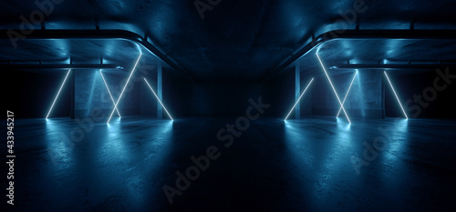 Fototapeta Naklejka Na Ścianę i Meble -  Neon Warehouse Laser Blue Glowing Vibrant Electric Concrete Cement Underground Showroom Tunnel Corridor Parking Grunge Asphalt 3D Rendering