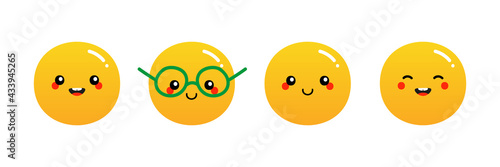 Set, collection of cute and smiling cartoon style yellow smiling ball characters, emoji icons.
