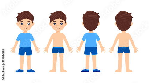 Isolated young cute boy front and back view. Boy in clothes, shorts, tshirt,underwear, shoes. Full height. Color, Cartoon flat style. White background.Vector stock illustration.