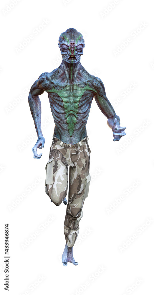 Illustration of an alien with green and blue skin and eyes closed running forward while isolated on a white background. Illustration of an alien with green and blue skin and eyes closed running forward while isolated on a white background.