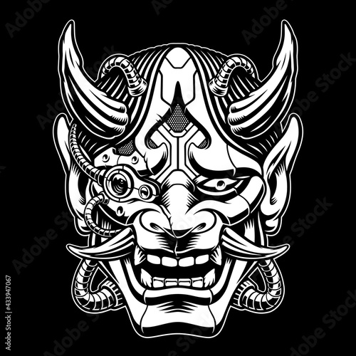 black and white vector illustration of a samurai mask in cyberpunk style with pipes and different mechanisms, this image can be used as an emblem or as a shirt print