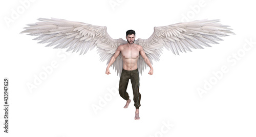 Illustration of a man with white angelic wings wearing pants isolated on a white background.