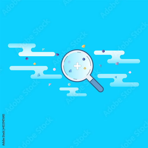 Magnifying glass enlarge microplastic particles floating in the water. Microplastic pollution in marine environment. Vector illustration outline flat design style.