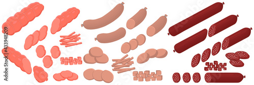 Illustration on theme big set different types delicatessen meat sausages