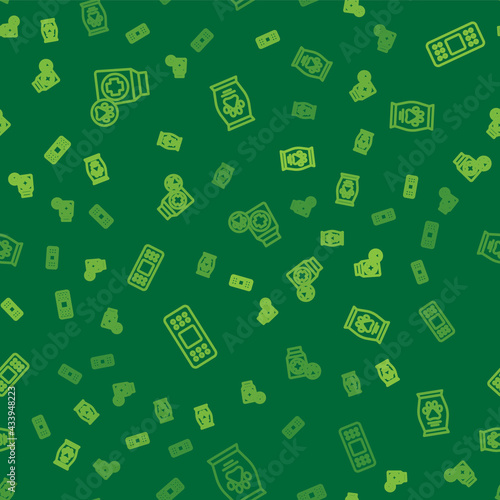 Set line Bag of food, Bandage plaster and on seamless pattern. Vector