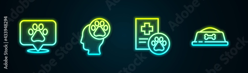 Set line Location veterinary, Human with animals footprint, Clinical record pet and Pet food bowl. Glowing neon icon. Vector