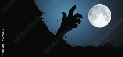 Rise of zombies hand from the ground to yhe moon. Hands on other layer. Zombie hand rising out from the ground. Scary hand, symbol for Halloween party. Flat vector up hands pictogram.