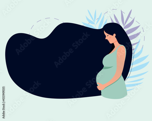 modern banner about pregnancy and motherhood. A poster with a cute pregnant woman with long hair and space for text.Pregnant woman on white background. Beautiful illustration.Medical illustration.