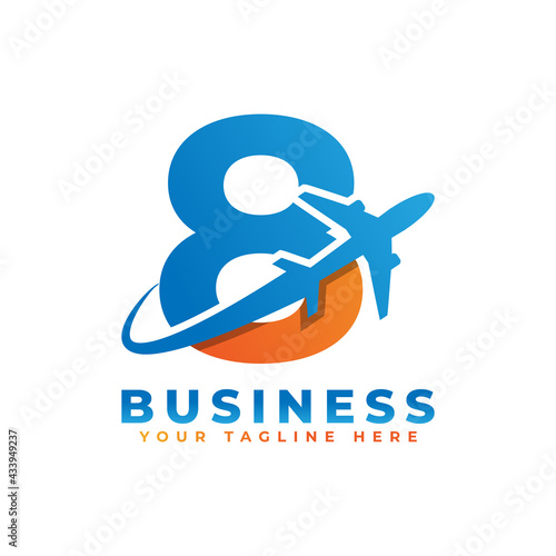 Number 8 with Airplane Logo Design. Suitable for Tour and Travel, Start up, Logistic, Business Logo Template