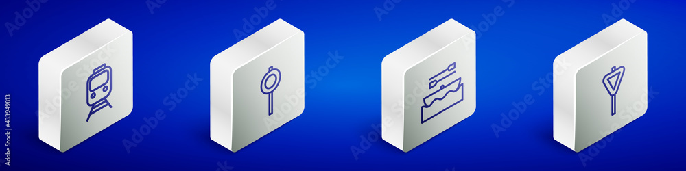 Set Isometric line Train and railway, Road traffic signpost, Boat with oars and icon. Vector Set Isometric line Train and railway, Road traffic signpost, Boat with oars and icon. Vector
