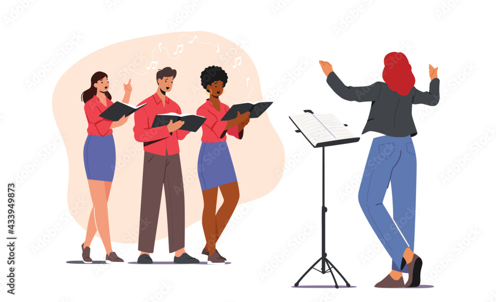 Singers Choir Event. Characters Singing in Chorus. Young Men and Women