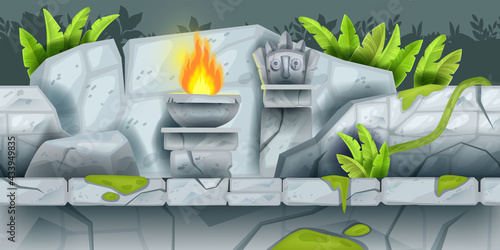 Jungle game seamless vector landscape, maya Aztec ancient temple ruin background, fire, banana leaf. Nature tropical stone rock wall illustration, liana, fire, totem face. Game background level design