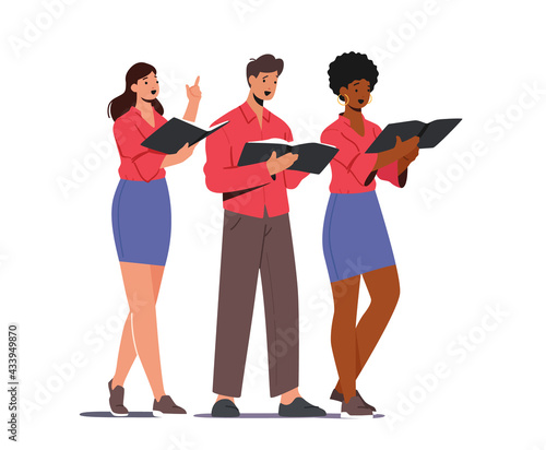 Choir Repetition or Performance. Characters Singing in Chorus. Singers Multiracial Men and Women holding Singing Books
