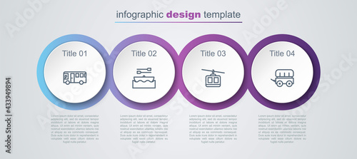 Set line Bus, Boat with oars, Cable car and Wild west covered wagon. Business infographic template. Vector