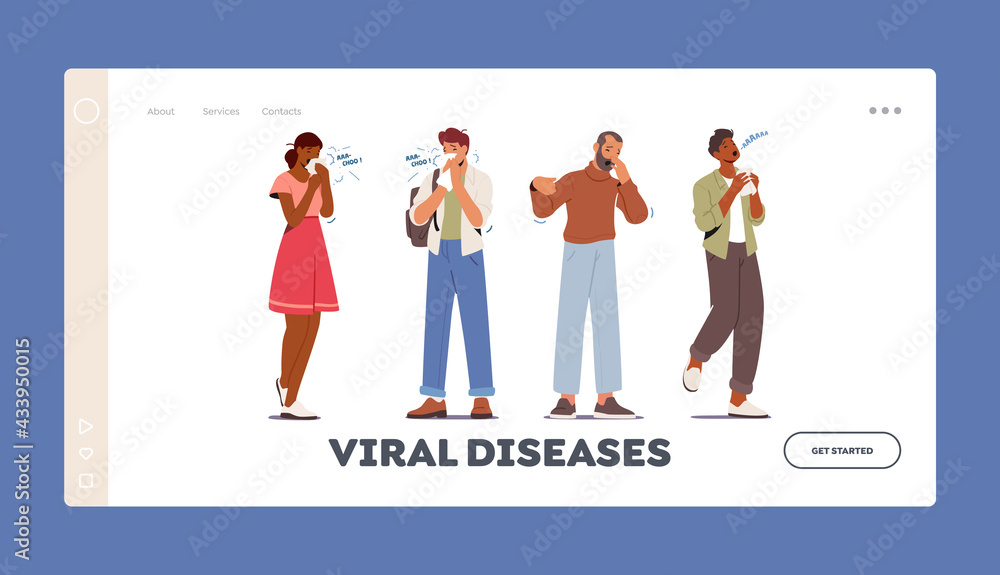 Characters with Viral Disease Landing Page Template. Ill Men and Women Sneezing with Runny Nose due to Infection Symptom