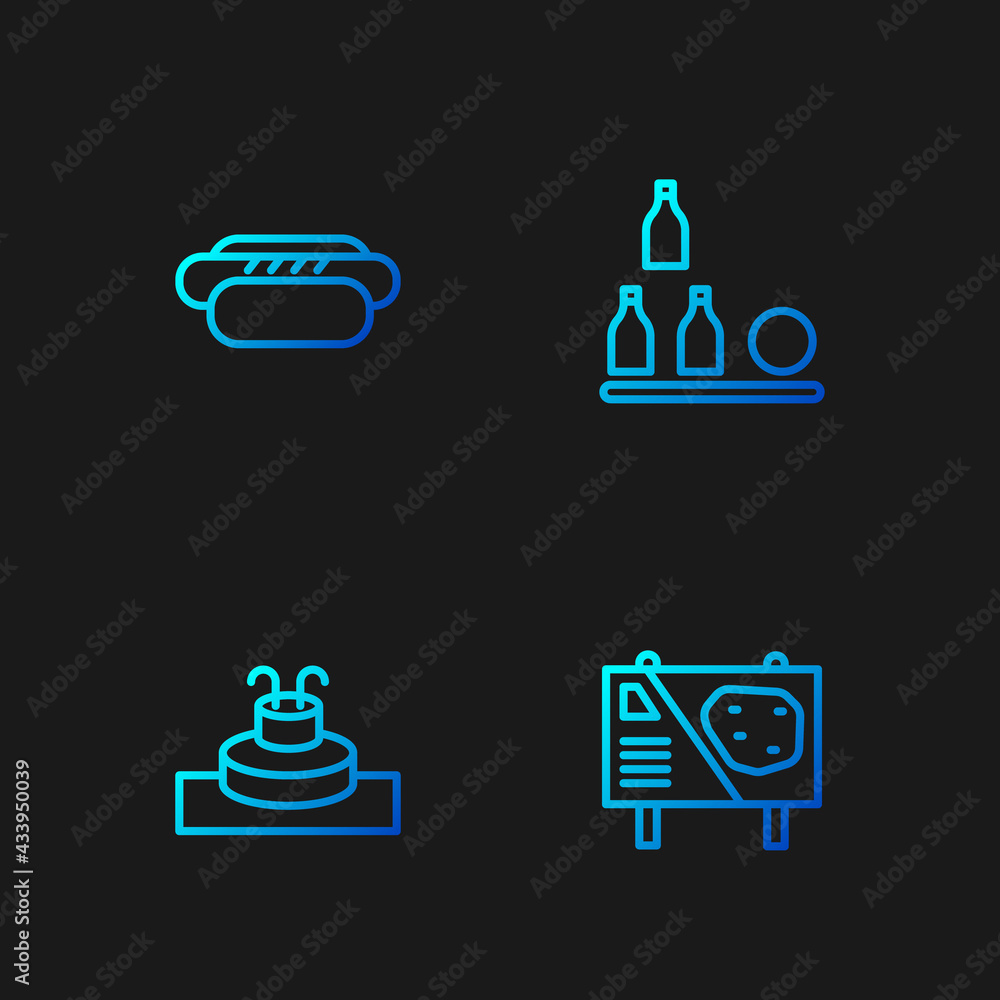 Set line Amusement park billboard, Fountain, Hotdog and Bottles ball. Gradient color icons. Vector Set line Amusement park billboard, Fountain, Hotdog and Bottles ball. Gradient color icons. Vector