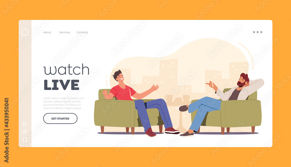 Successful Famous Celebrity Giving Interview to Journalist Landing Page Template. Tv Host Asking Young Male Character Successful Famous Celebrity Giving Interview to Journalist Landing Page Template. Tv Host Asking Young Male Character