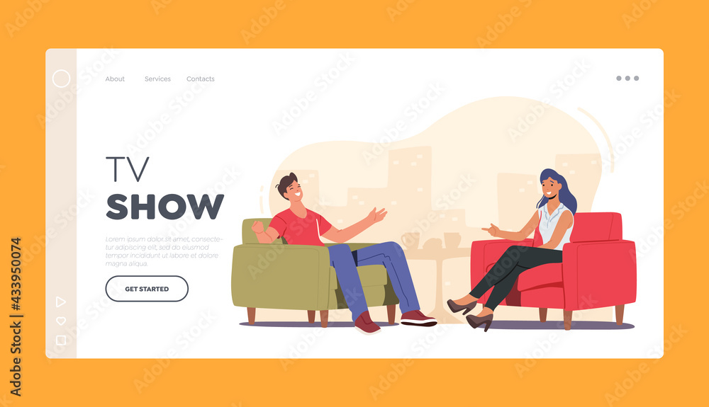 Talk Show Broadcast Landing Page Template. Host and Famous Guest Characters Chatting in Studio, Entertaining Tv Program