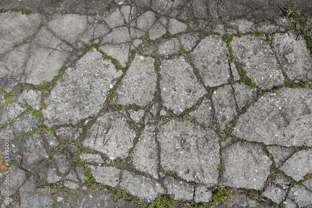 Obraz premium broken and cracked cement surface from the ground with irregular shapes and forms and grass between the fragments - closeup rough texture pattern