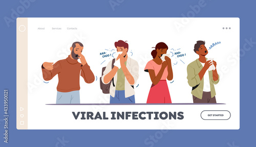 Ill Characters Sneezing with Runny Nose, Viral Infection Landing Page Template. Contagious Flu or Viral Disease Symptoms