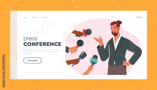 Press Conference Landing Page Template. Businessman, Celebrity or Politician Character Gives Interview and Share Opinion