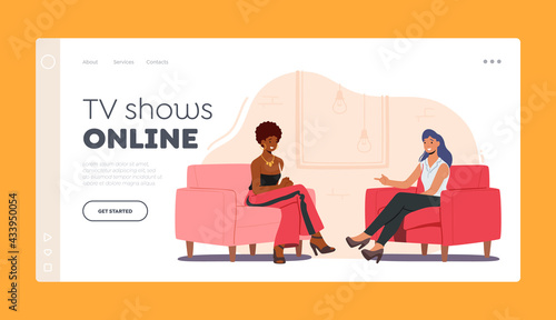 Online Tv Show with Guest Landing Page Template. Female Celebrity Character Giving Interview to Television Presenter