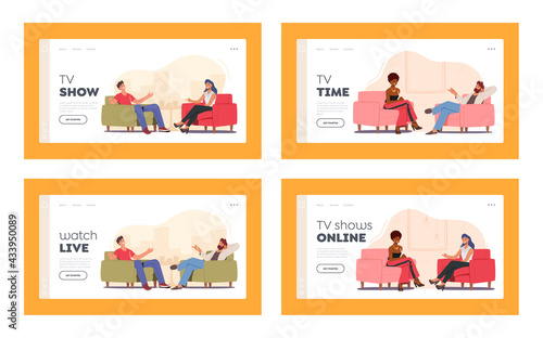Tv Show with Guest Landing Page Template Set. Celebrity Characters Giving Interview to Television Presenter in Studio