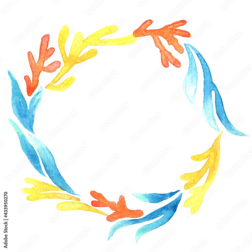 Colorful coral and seaweed wreath watercolor hand painting for decoration on ocean, marine life and summer holiday concept.