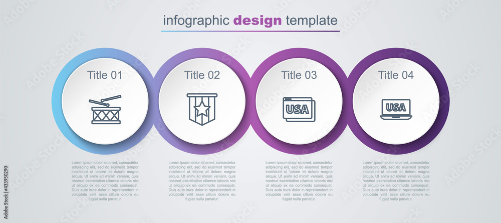 Set line Drum and drum sticks, American flag, USA on browser and laptop. Business infographic template. Vector Set line Drum and drum sticks, American flag, USA on browser and laptop. Business infographic template. Vector