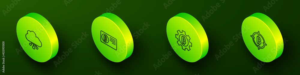 Set Isometric line Cryptocurrency cloud mining, Credit card with bitcoin, Bitcoin and the target icon. Vector