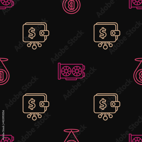Set line Bitcoin, Cryptocurrency wallet and Video graphic card on seamless pattern. Vector
