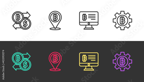 Set line Cryptocurrency exchange, Bitcoin, Mining bitcoin from monitor and on black and white. Vector
