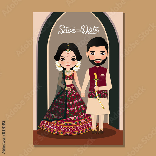  Wedding invitation card the bride and groom cute couple in traditional indian dress cartoon character. Vector illustration.