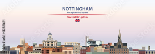 Nottingham cityscape on sunset sky background vector illustration with country and city name and with flag of United Kingdom