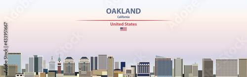 Oakland cityscape on sunset sky background vector illustration with country and city name and with flag of United States