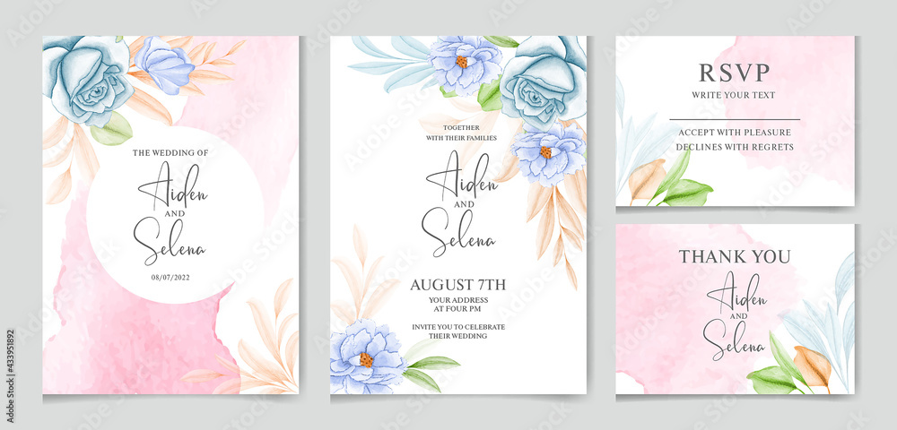 Set of watercolor wedding invitation card template with rose, creamy, and blue leaves decoration .watercolor floral frame and border decoration. botanic illustration for card composition.