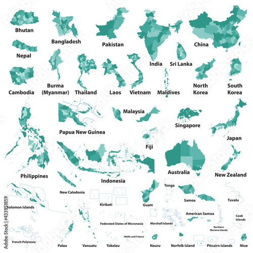 Asian, Australia and Oceanian  countries vector maps with regions borders