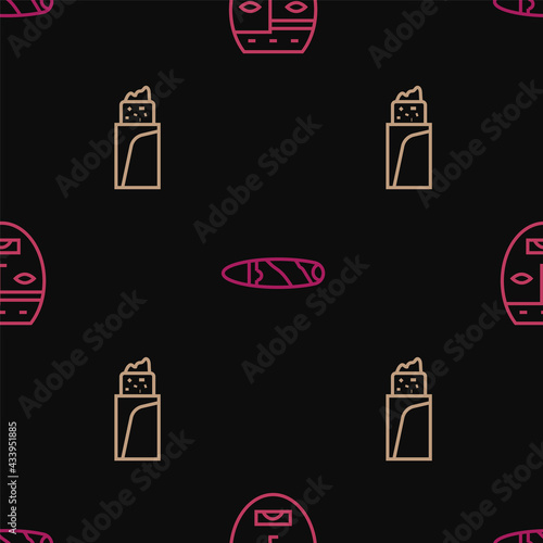Set line Aztec mask, Burrito and Cigar on seamless pattern. Vector