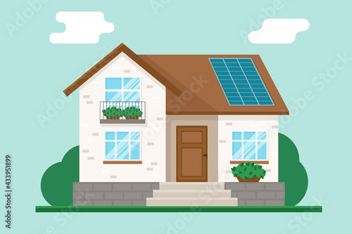 Vector illustration of traditional house with solar panels