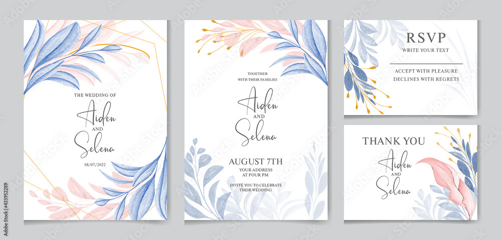Set of watercolor wedding invitation card template with creamy and blue leaves decoration .watercolor floral frame and border decoration. botanic illustration for card composition. Set of watercolor wedding invitation card template with creamy and blue leaves decoration .watercolor floral frame and border decoration. botanic illustration for card composition.