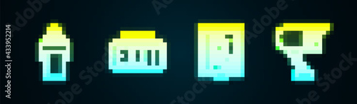 Set line Gives lecture, Exit sign, Portrait in museum and Security camera. Glowing neon icon. Vector