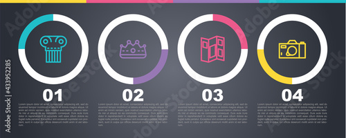 Set line Ancient column, King crown, Museum guide brochure and Photo camera. Business infographic template. Vector