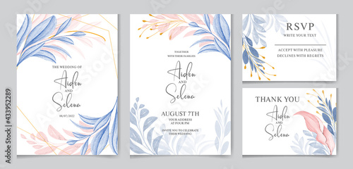 Set of watercolor wedding invitation card template with creamy and blue leaves decoration .watercolor floral frame and border decoration. botanic illustration for card composition.
