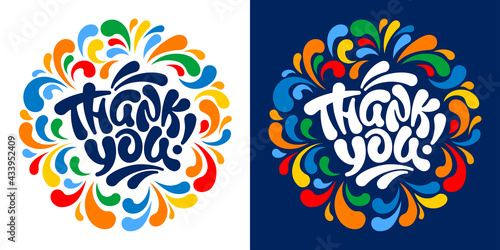 Thank You handwritten inscription. Unique lettering, calligraphy by thick brush. Variations on black or dark blue background with bright colorful ornament. Vector illustration.