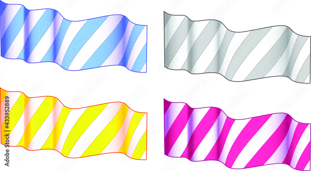 Obraz premium Vector isolated cartoon illustration. A piece of striped cloth fluttering in the wind. Design element in four color options. Neat background for inscriptions and signage. 