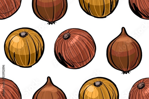 The seamless pattern is light. Brown onion plants, vegetable root.